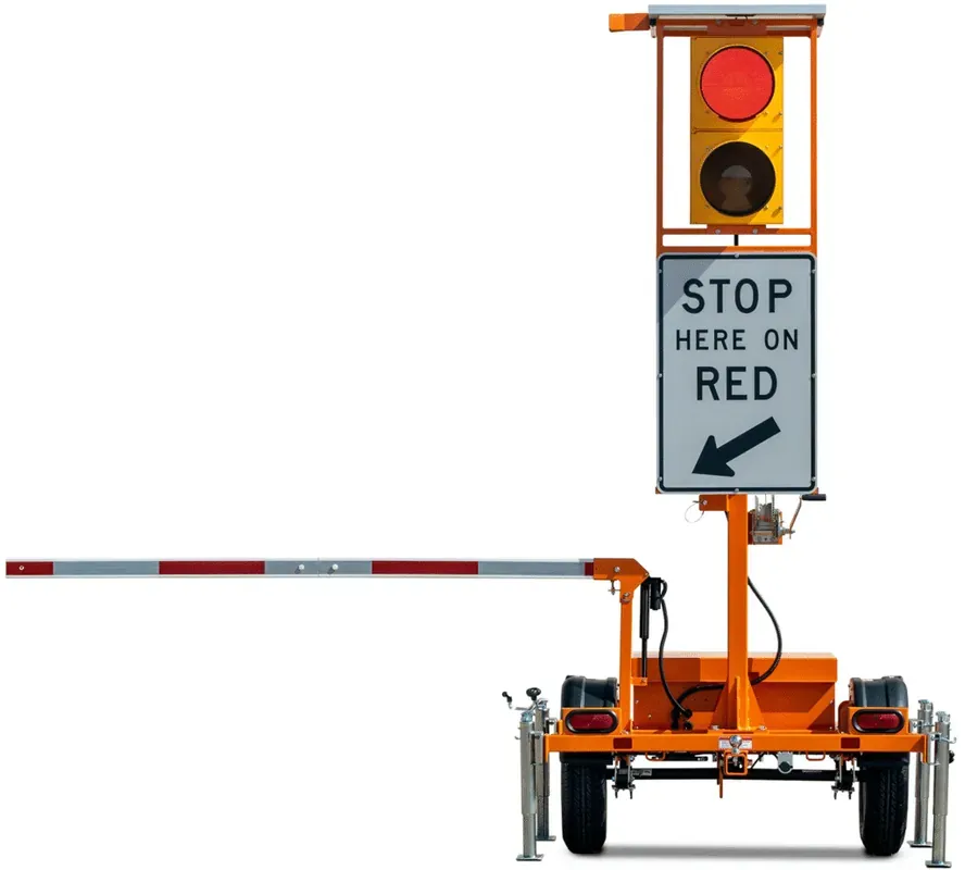 Traffic control stop sign with lights directing vehicles to stop on red.