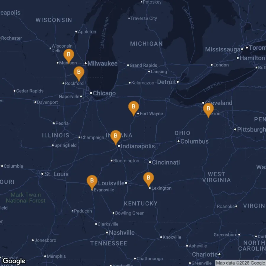 Map of Brown Equipment's seven service locations across the Midwest