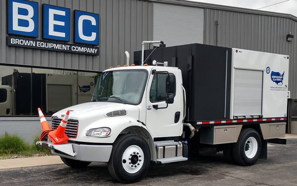 Efficient heavy-duty truck through Brown Equipment Company for reliable sewer system service and maintenance.