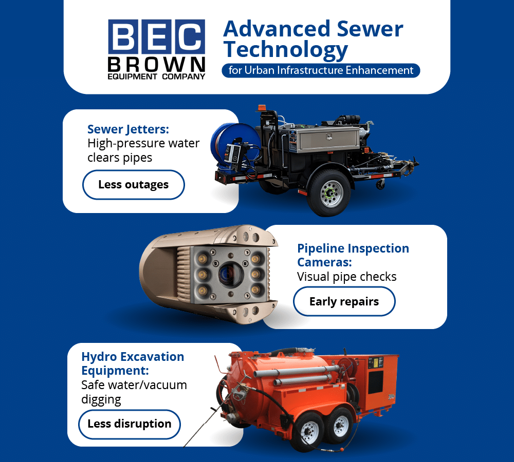 Advanced sewer technology solutions for urban infrastructure, including jetters, cameras, and excavation equipment.