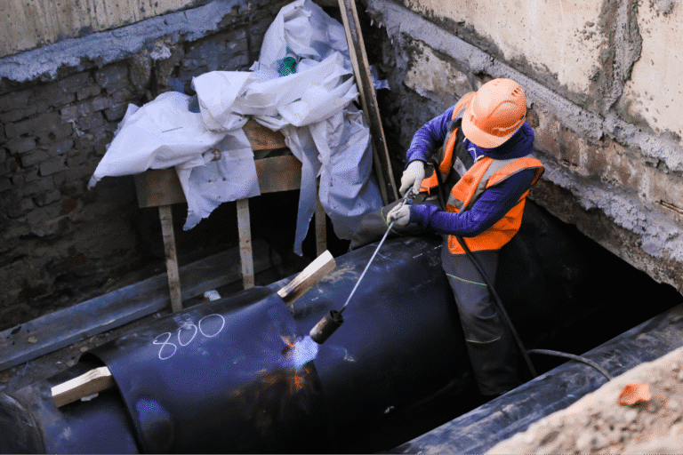 Welder joining a pipe at a construction site.