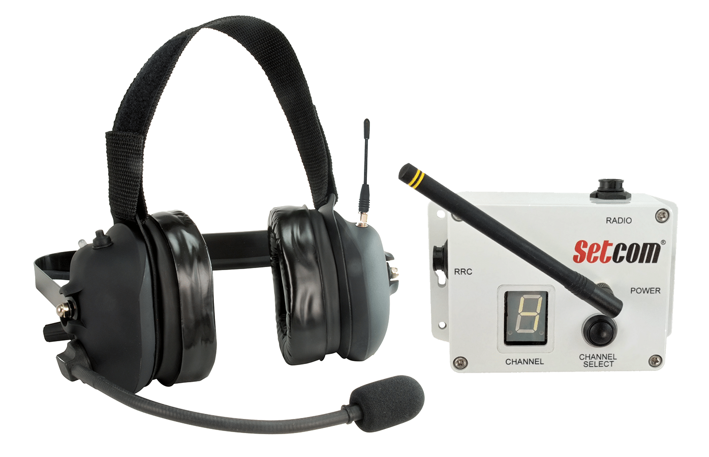 Wireless headset system with microphone and control unit for clear communication.