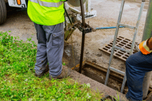 Construction worker operating machinery at a digging site. Safety gear visible.