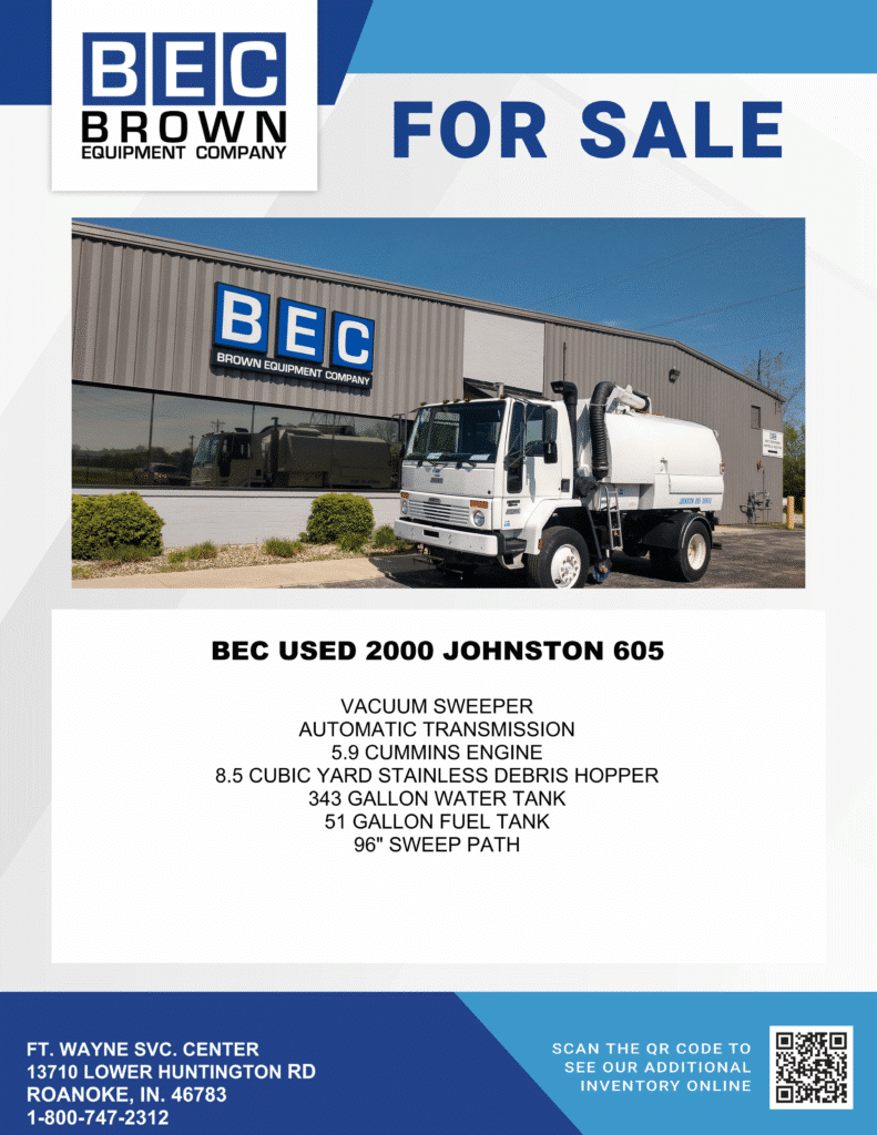 Used 2000 Johnston 605 vacuum sweeper for sale with Cummins engine and large debris capacity.