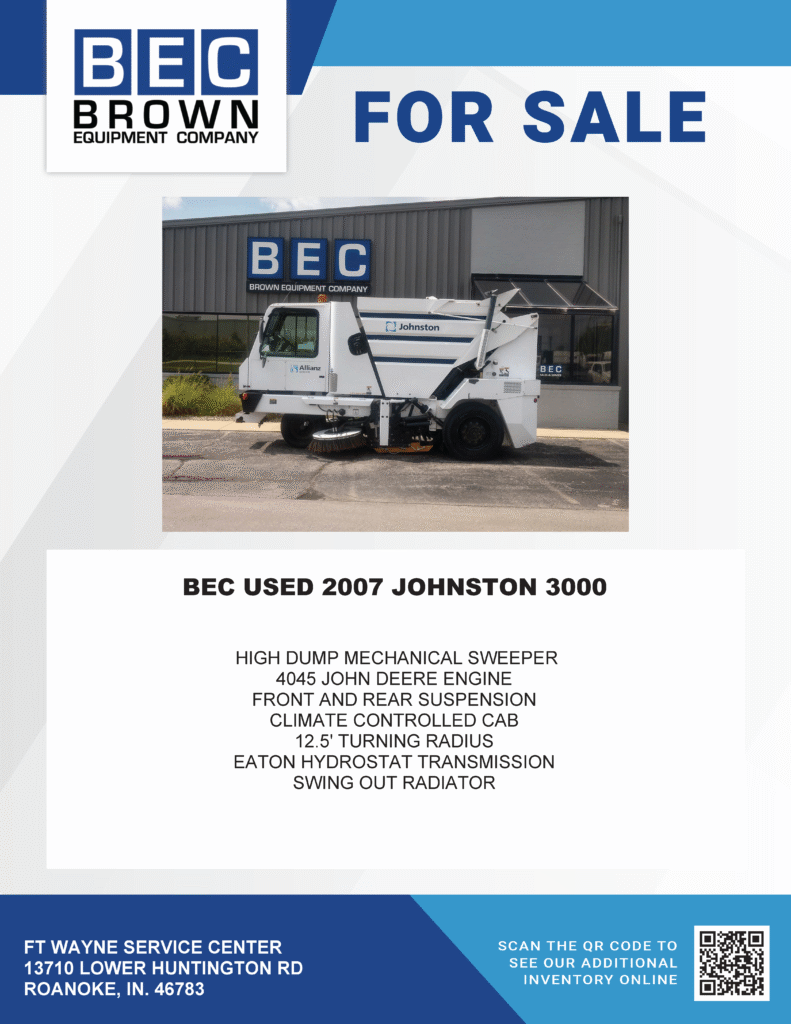 2007 Johnston 3000 sweeper for sale, featuring high dump capabilities and climate-controlled cab.