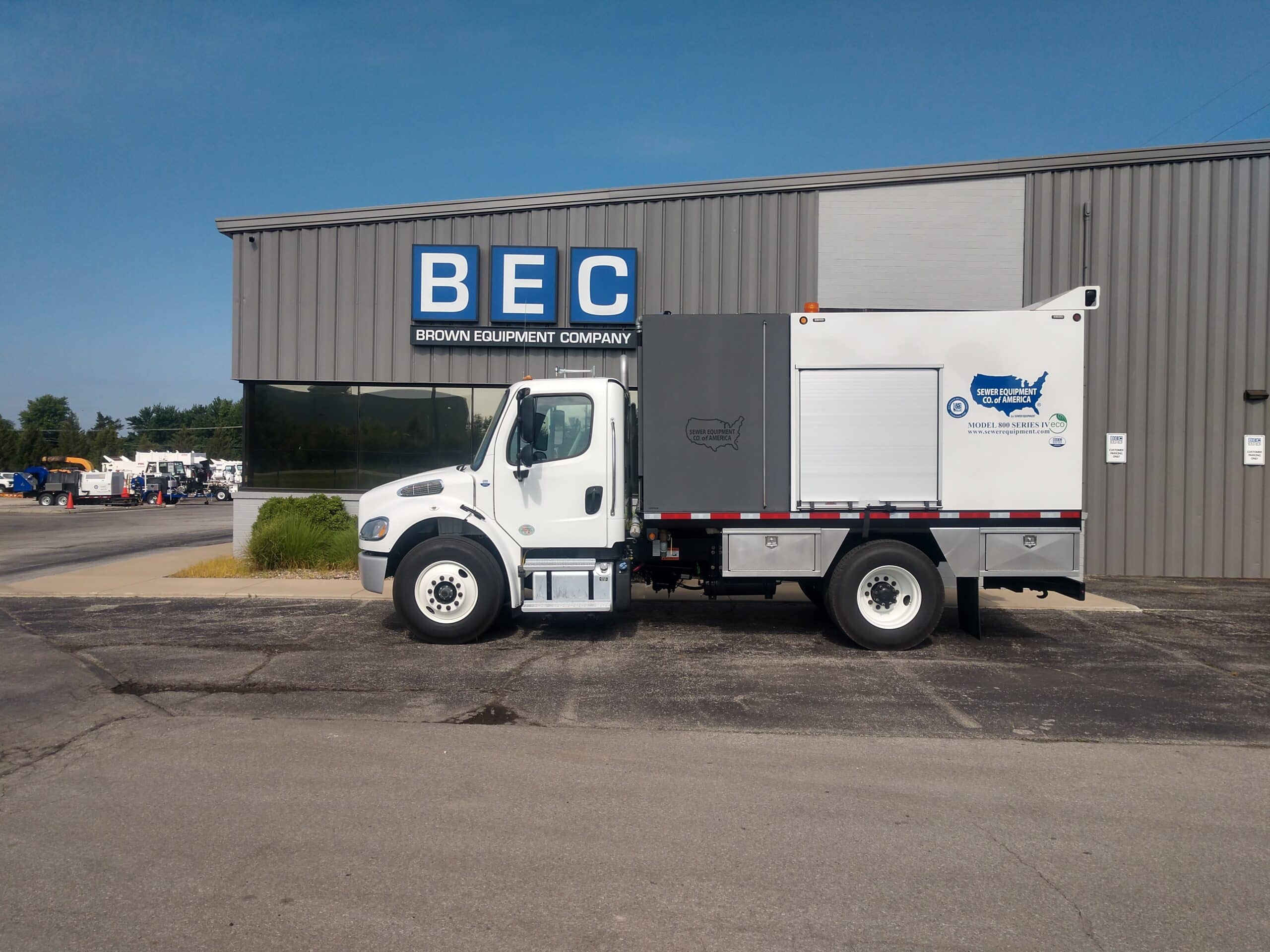 Sewer Equipment Company Eco IV Jetter Truck parked outside Brown Equipment Company location.