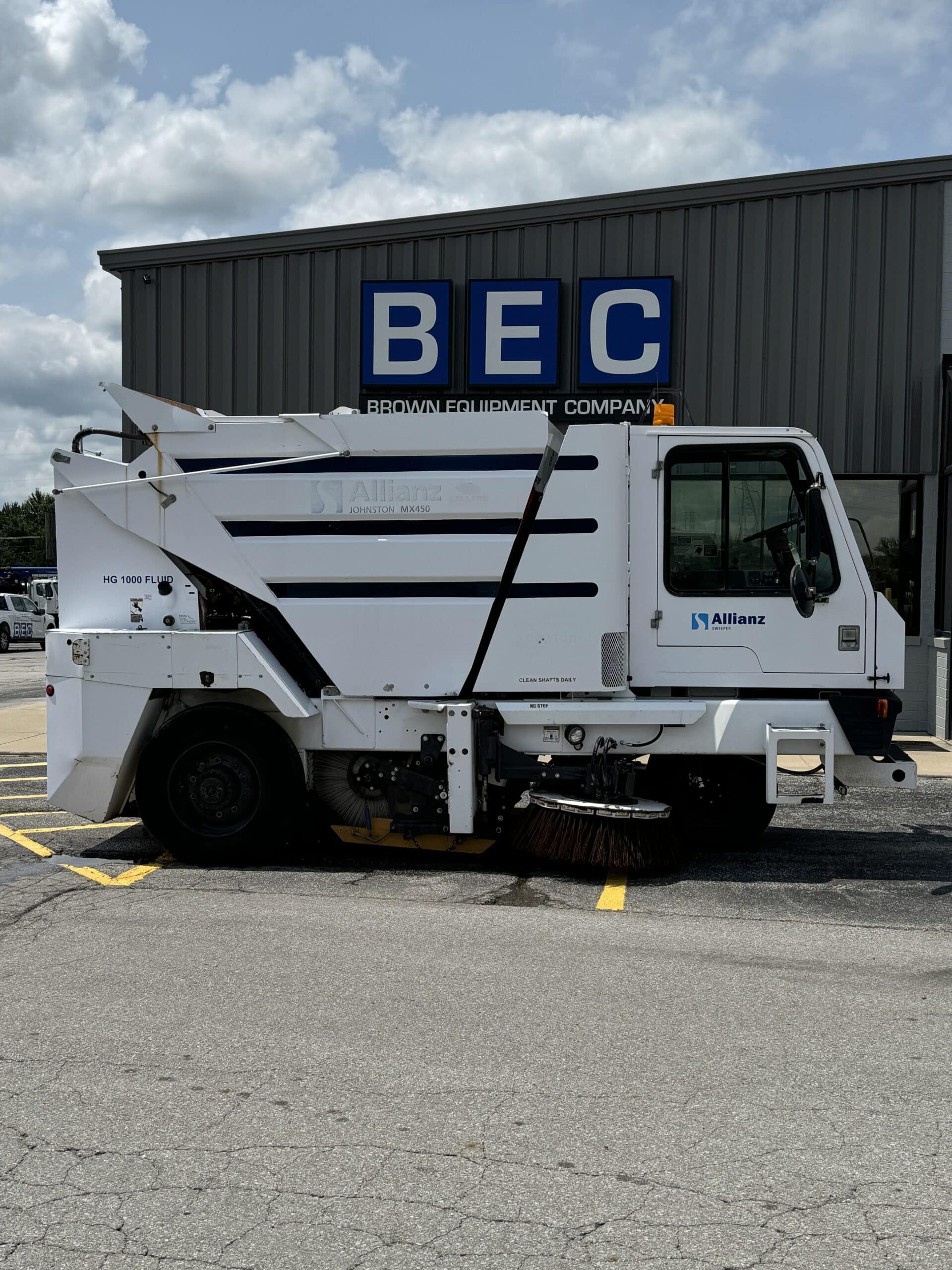 Johnston MX450 street sweeper parked outside Brown Equipment Company.
