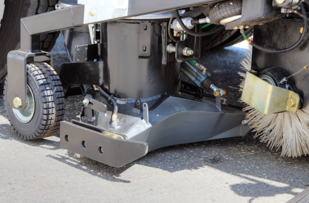Close-up of a street sweeper cleaning machine component for optimal performance and efficiency.