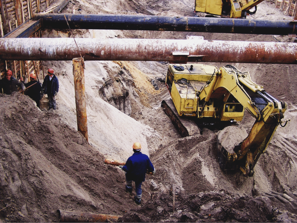 Construction site excavation showing heavy machinery and workers in action.