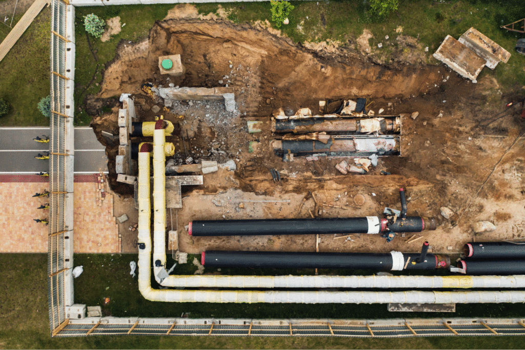 Non-destructive testing methods concept with aerial view of piping installation.
