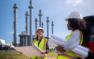 Construction professionals collaborating on site plans near industrial structures.