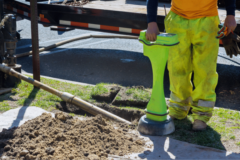Construction worker operating a vibratory plate compactor on a job site.