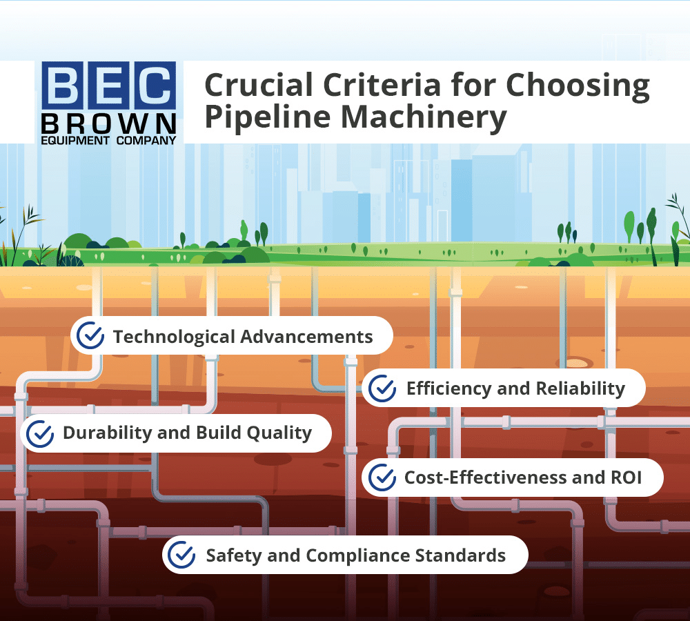 Essential factors for selecting pipeline machinery: durability, efficiency, safety, and technology.