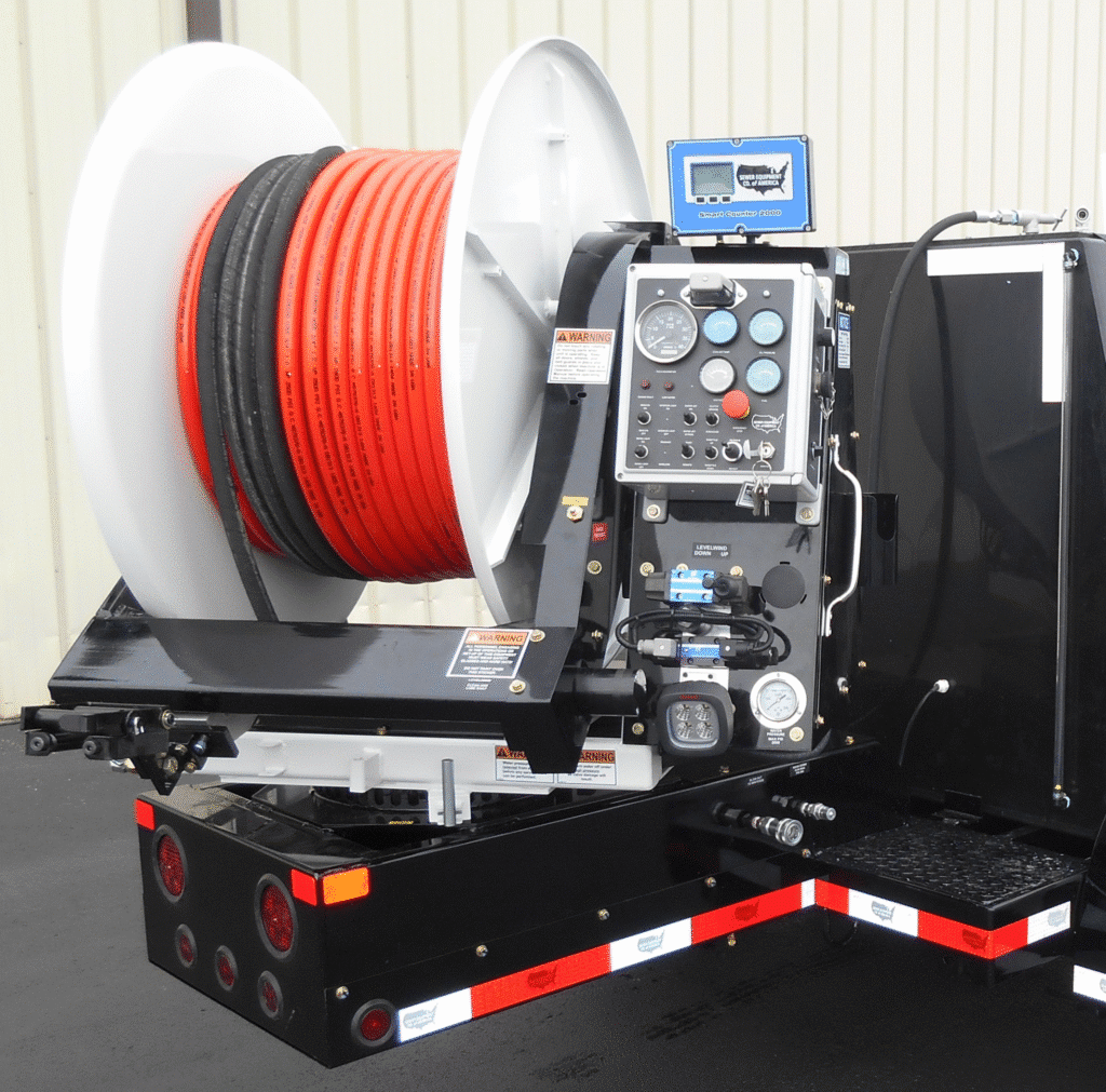 High-performance sewer jetting hose reel system designed for diverse industrial applications.