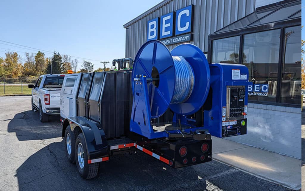 Sewer jetting trailer designed for efficient water management solutions.