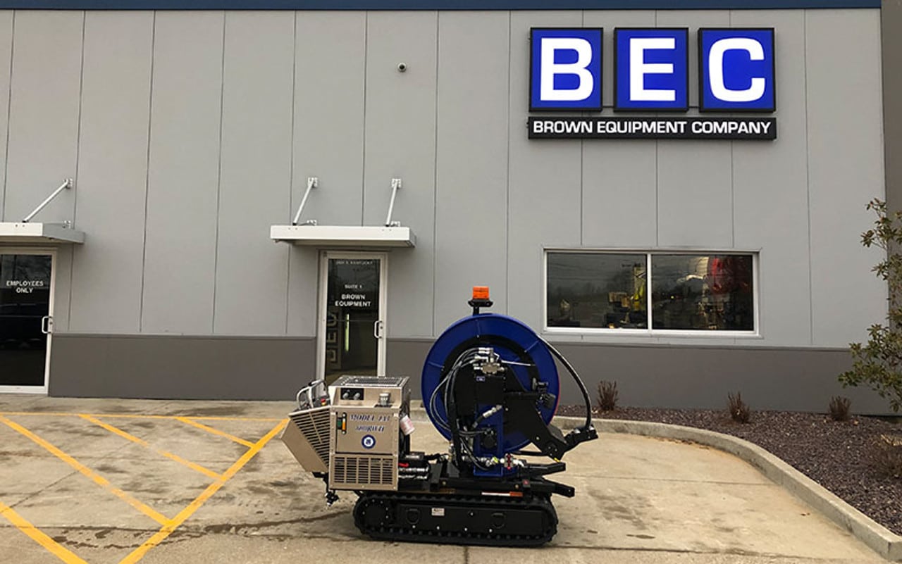 Innovative construction machinery displayed outside Brown Equipment Company.