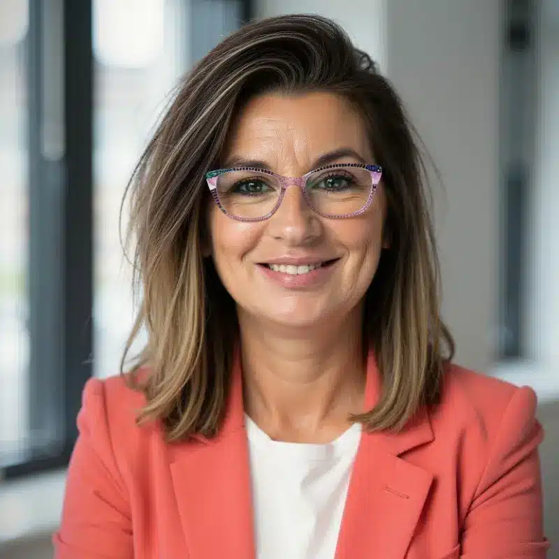 Professional woman smiling, wearing glasses and a pink blazer in a modern office.