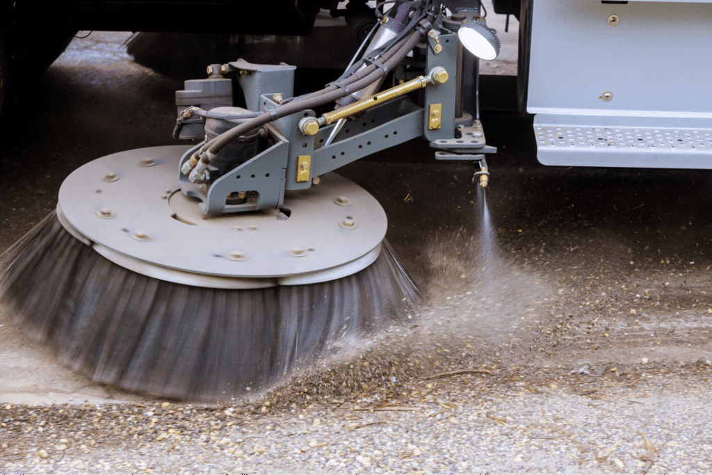 Street sweeper cleaning urban streets for a cleaner city environment.