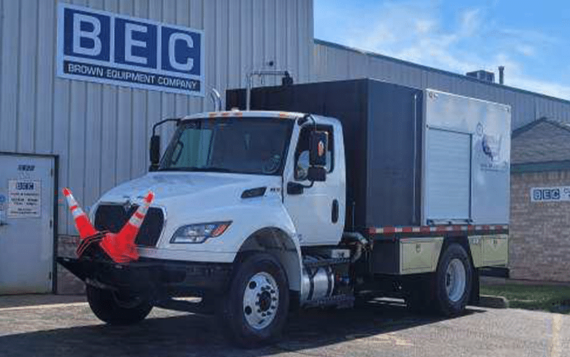 BEC utility truck prepared for service at Brown Equipment Company.