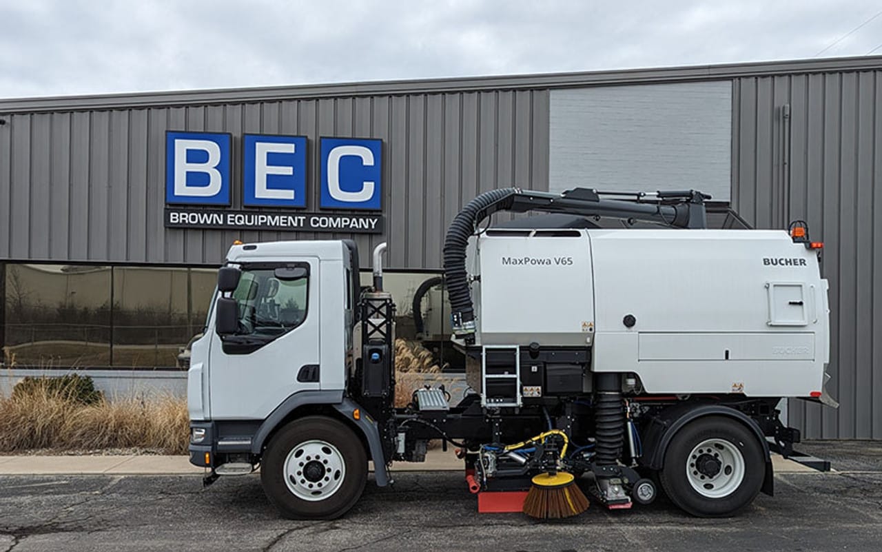 Bucher MaxPowa V65 street sweeper parked outside Brown Equipment Company.