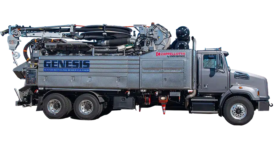 Genesis water recycling sewer cleaner truck for efficient drainage maintenance and repairs.