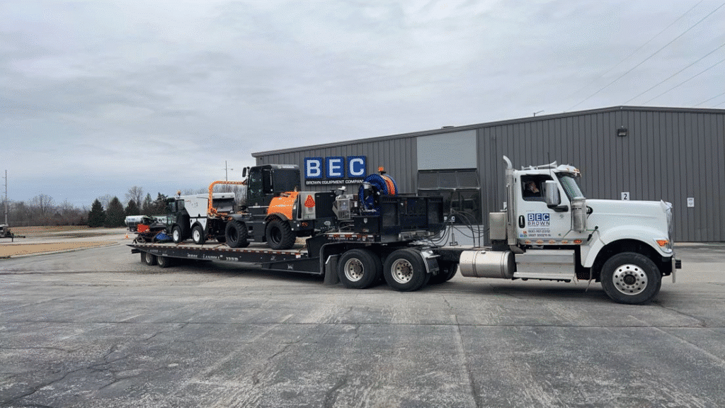 Heavy-duty truck transporting construction equipment, showcasing reliable freight services.