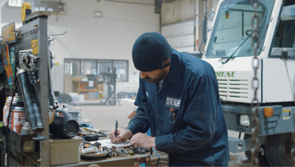 Mechanic carefully checking tools in a well-equipped workshop for maintenance and repairs.
