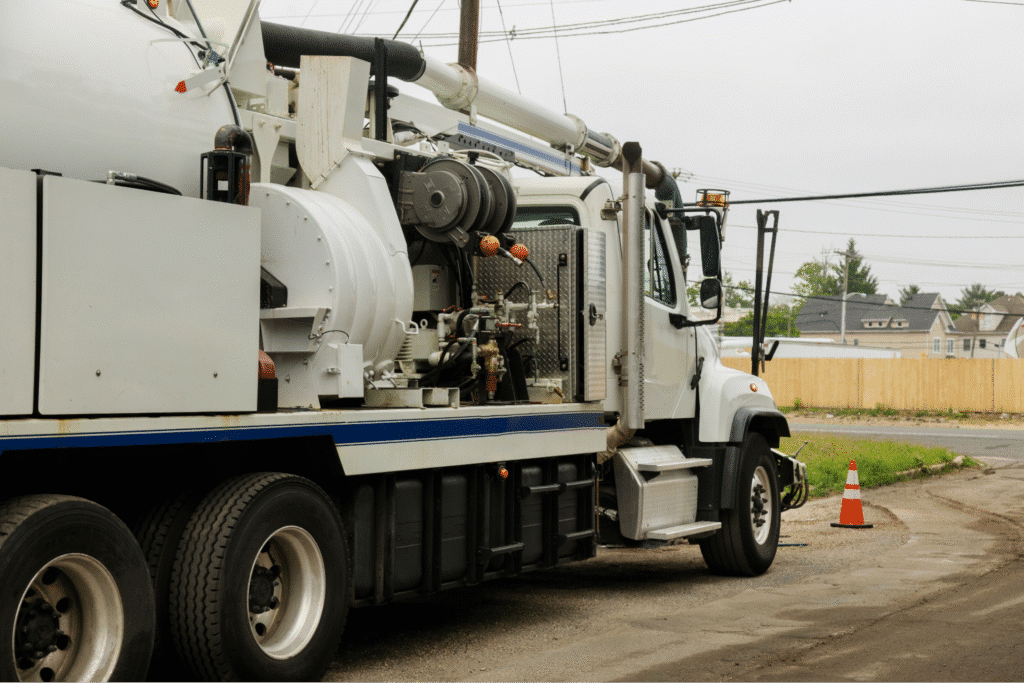 Suction truck on city street for efficient waste collection and cleanup services.