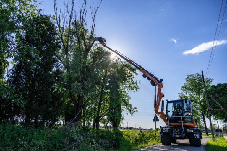 Heavy-duty tree trimming equipment working under sunny skies for landscape care.