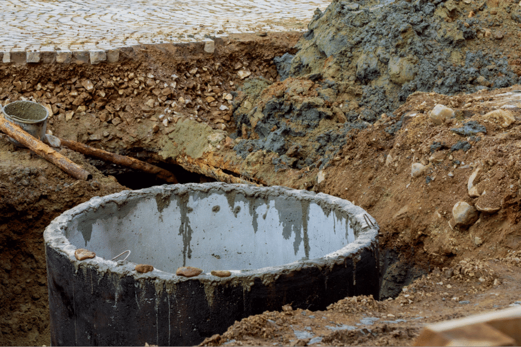 Rural site showing progress on sewer systems pipe installation in an excavated area.