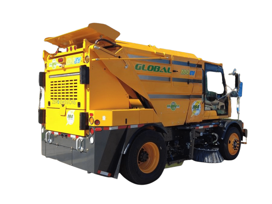 Electric street sweeper vehicle for zero-emission urban cleaning and maintenance.