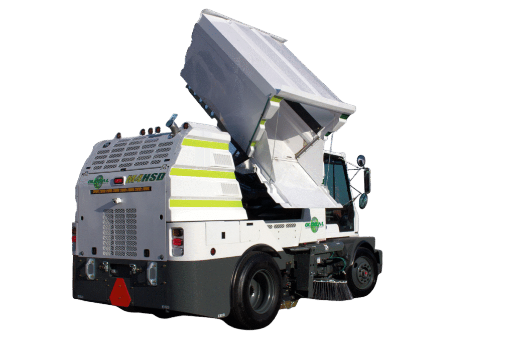 M4HSD street sweeper truck with raised hopper for efficient road cleaning.