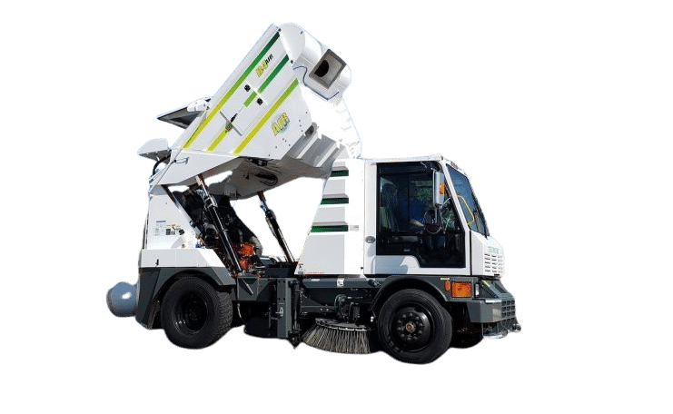 Street sweeper truck with raised hopper for efficient street cleaning and debris collection.