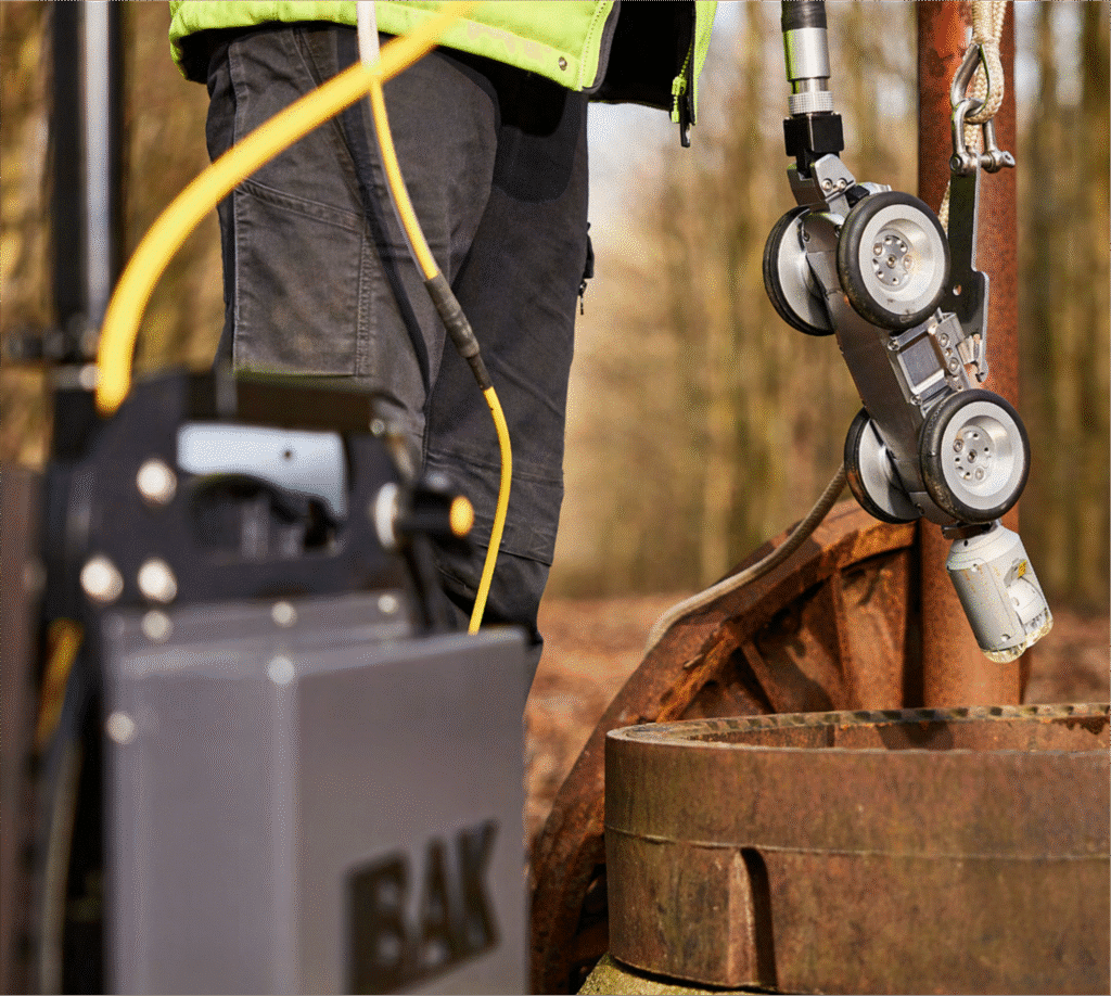Technician using CCTV Sewer Inspection equipment for underground inspection near a well in the forest.