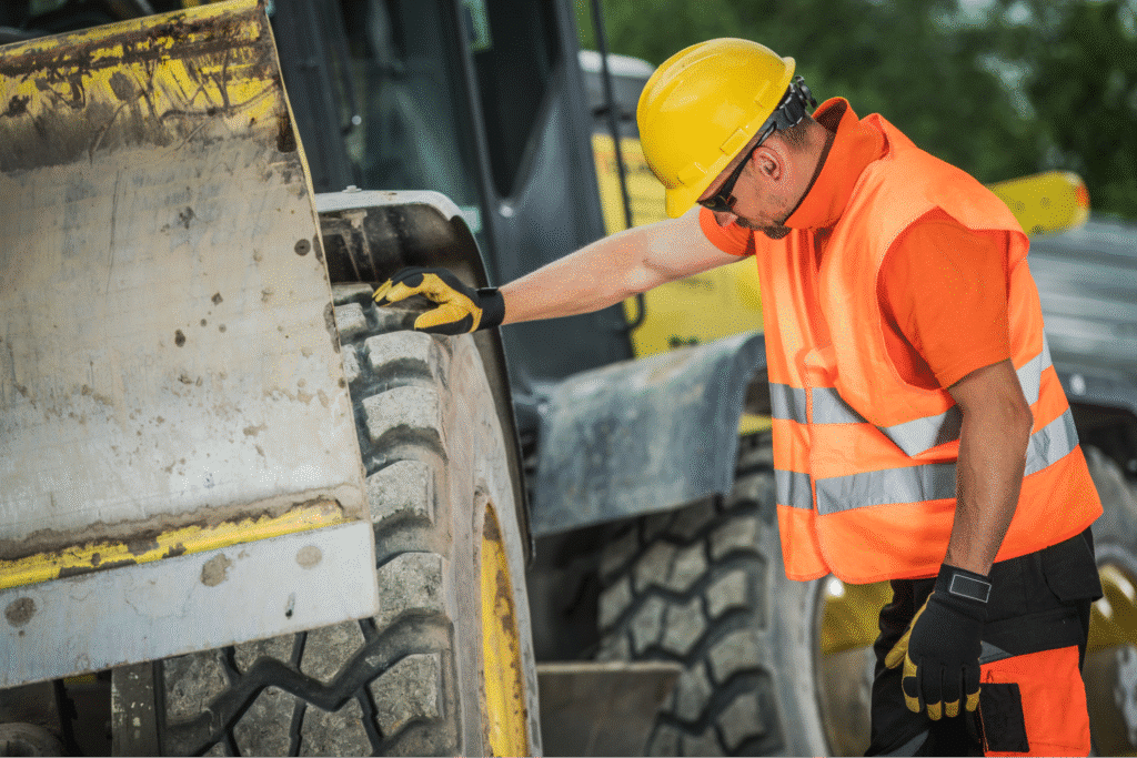 Construction worker inspecting heavy machinery tire for safety and maintenance.
