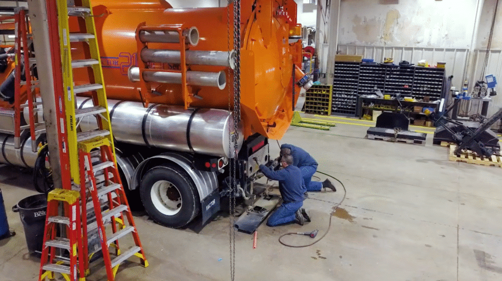 Brown Equipment Company mechanics working on heavy machinery in a service garage.