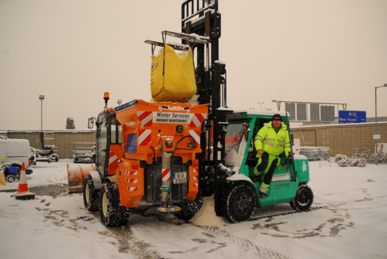 Forklifts maneuvering in snowy conditions for efficient winter operations.