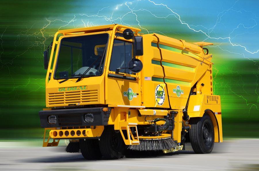 Yellow street sweeper truck on a dynamic background, promoting efficient cleaning solutions.