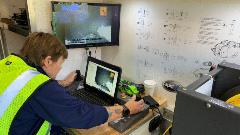 Technician operating equipment and analyzing data on a laptop in a technical workspace.