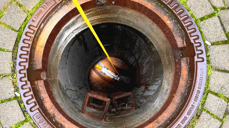 Manhole view with measurement tape revealing underground infrastructure and safety features for pipeline integrity.