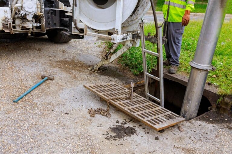 Maintenance workers inspecting a storm drain with a truck in the background.