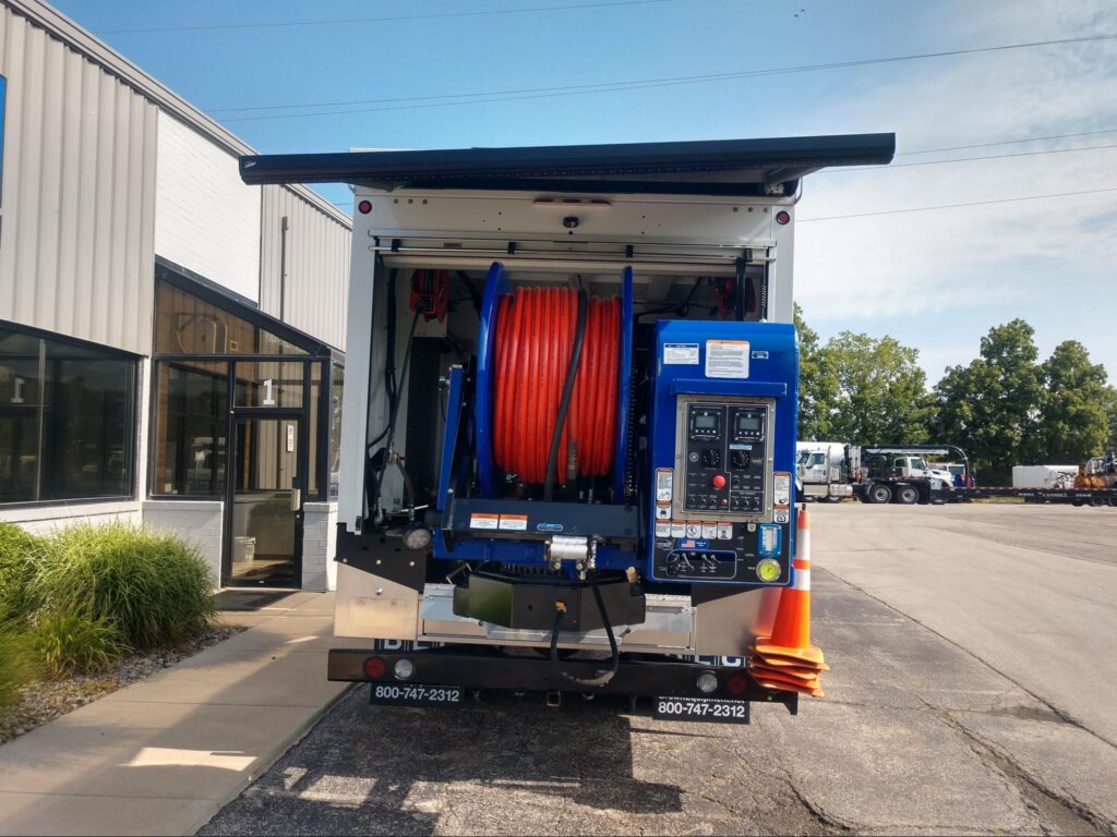 Hydro jet machine close-up of hose reel