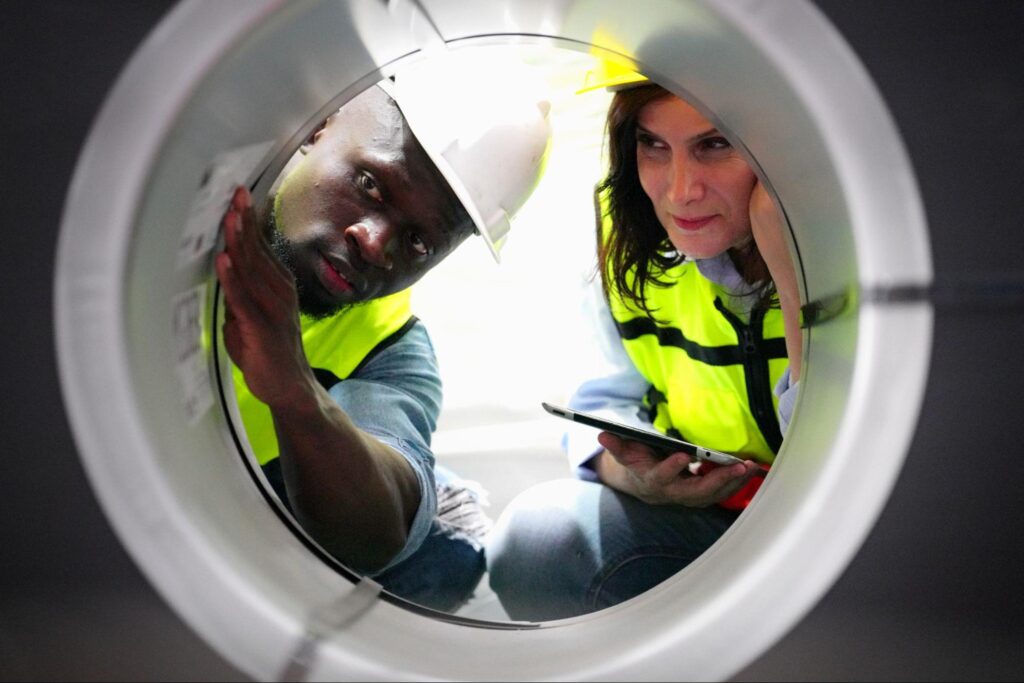 Engineers inspect equipment, collaborating on technology solutions in safety gear.