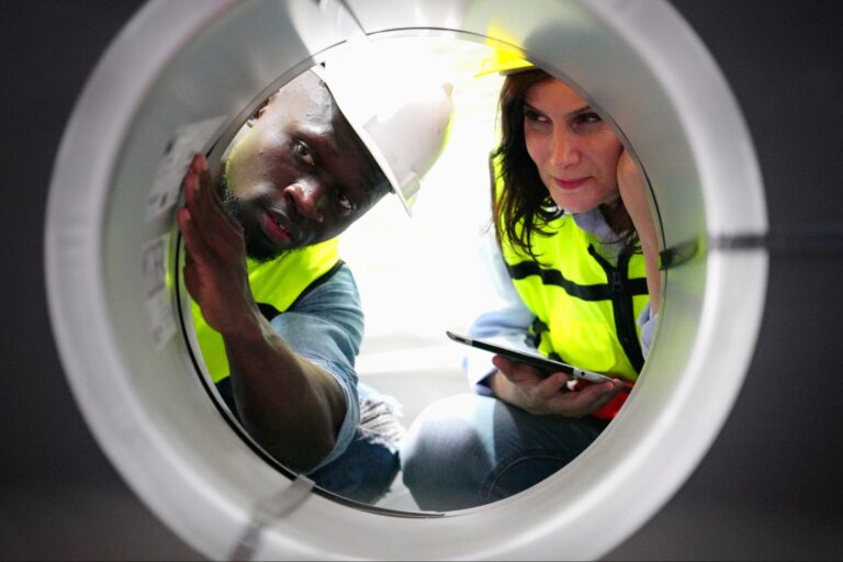 Engineers inspect equipment, collaborating on technology solutions in safety gear.