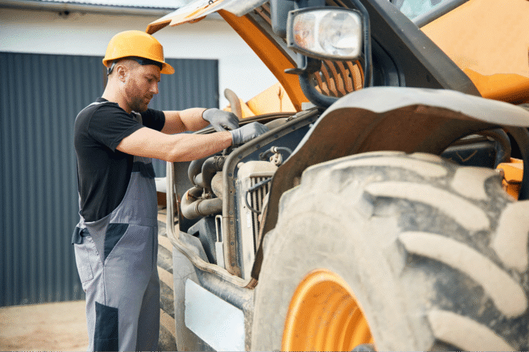 Worker repairing heavy machinery with a wrench in a construction setting.