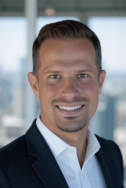 Smiling professional portrait with a city view, showcasing confidence and approachability.