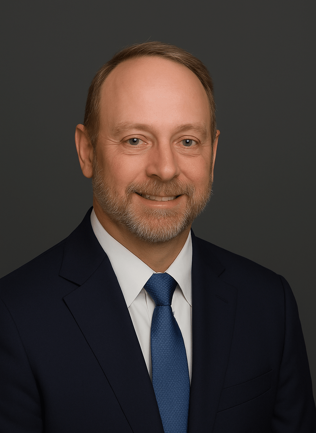 Professional business portrait of a man in a suit with a friendly smile.