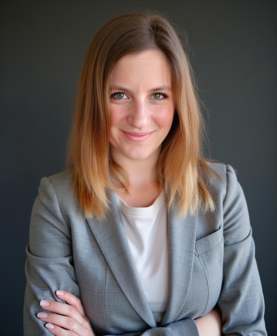 Professional portrait of a smiling woman in a gray blazer, exuding confidence and approachability.