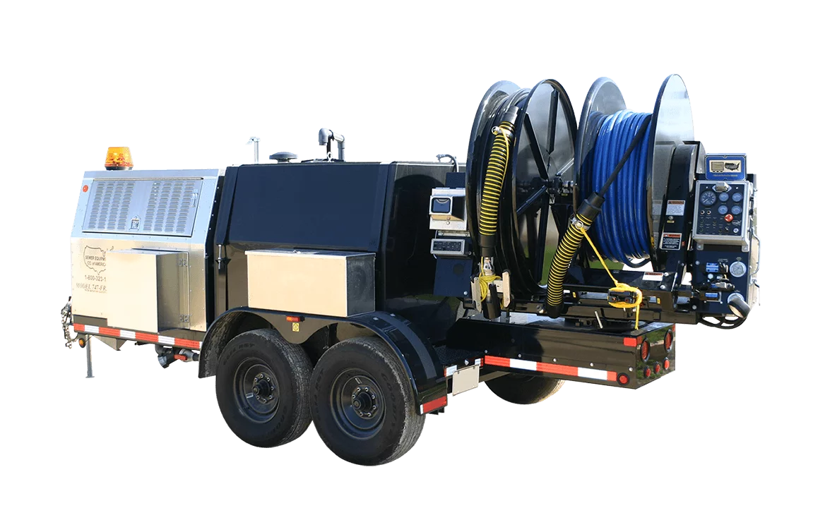 Sewer cleaner trailer with high-pressure hoses and powerful cleaning equipment.