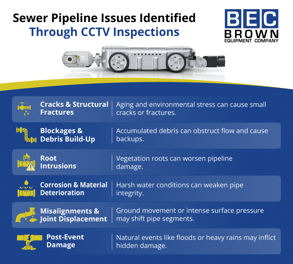 CCTV inspections reveal common sewer pipeline issues like cracks, blockages, and root intrusions.
